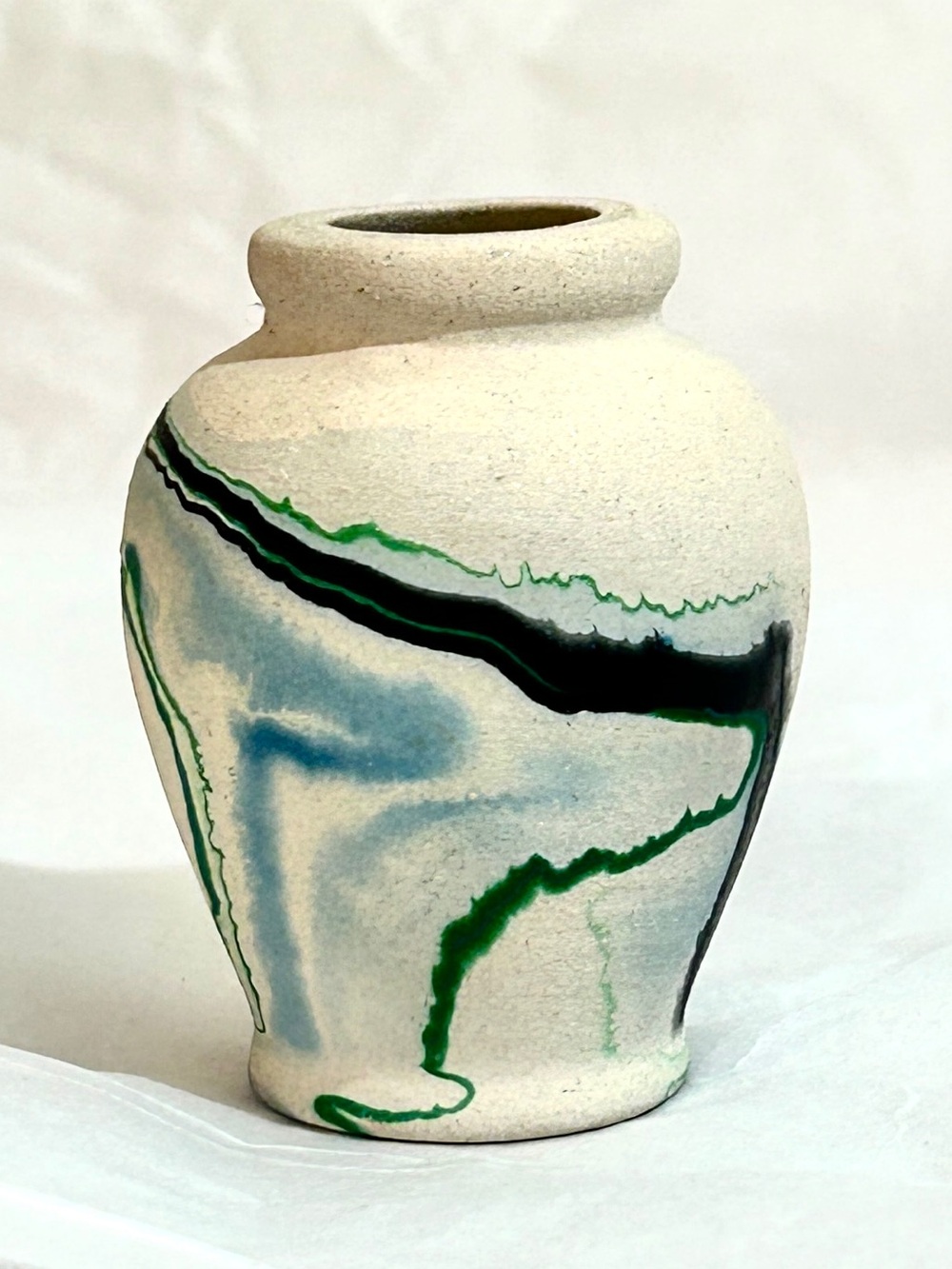 Vintage Nemadji Pottery Mini Vase Urn Bud Vase 2" Swirls Blue Green & Black